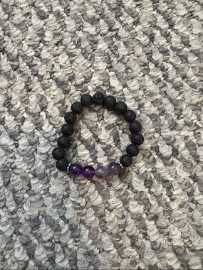 Black Lava Stone Bracelet with Purple Amethyst Accent by